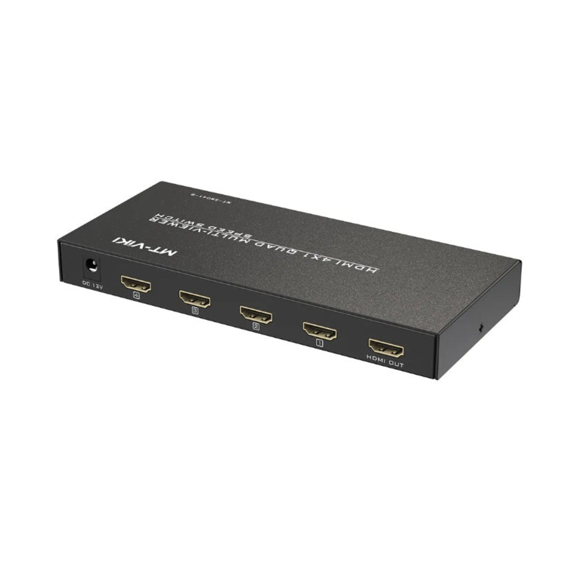 MT-VIKI MT-SW041-B 四畫面分割器機背特寫，展示 DC 12V 供電接口、四個 HDMI 輸入埠及一個 HDMI 輸出接口。