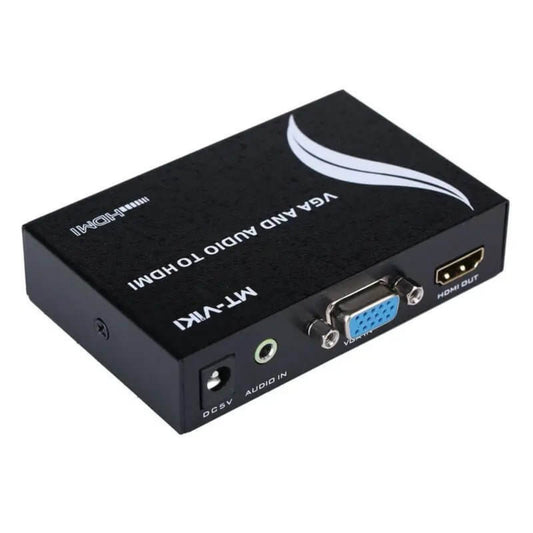 Rear view of the MT-VIKI VGA to HDMI adapter, displaying the VGA, Audio In, and HDMI Out ports.