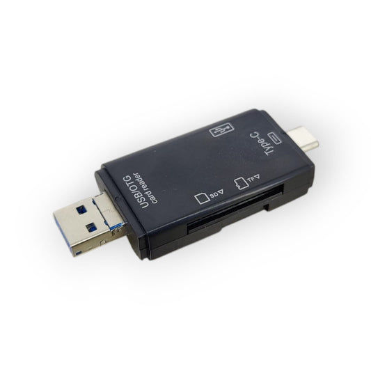 Black USB card reader with multiple ports on a white background