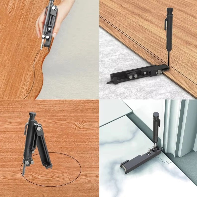 Multi-function scribing tool demonstrating a carpenter's pencil, compass, and marker for precision marking on various surfaces.