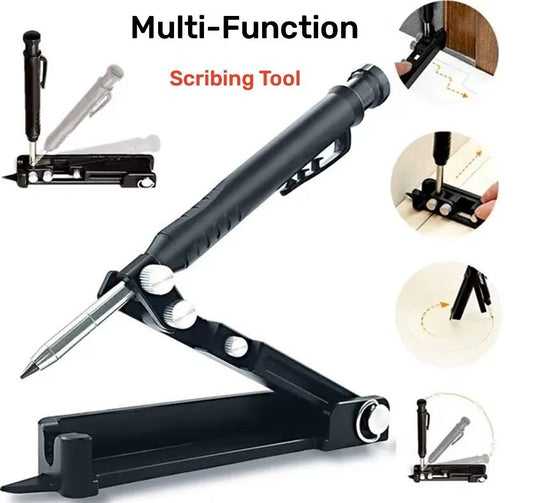 Multi-function scribing tool featuring adjustable design, compass, and carpenter's pencil for precise marking.