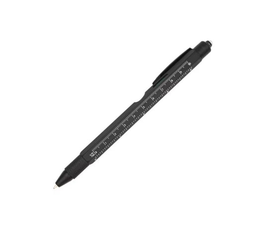 A clear, top-down view of the black 9-in-1 multi-tool pen on a white background, showcasing its sleek design and ruler markings.