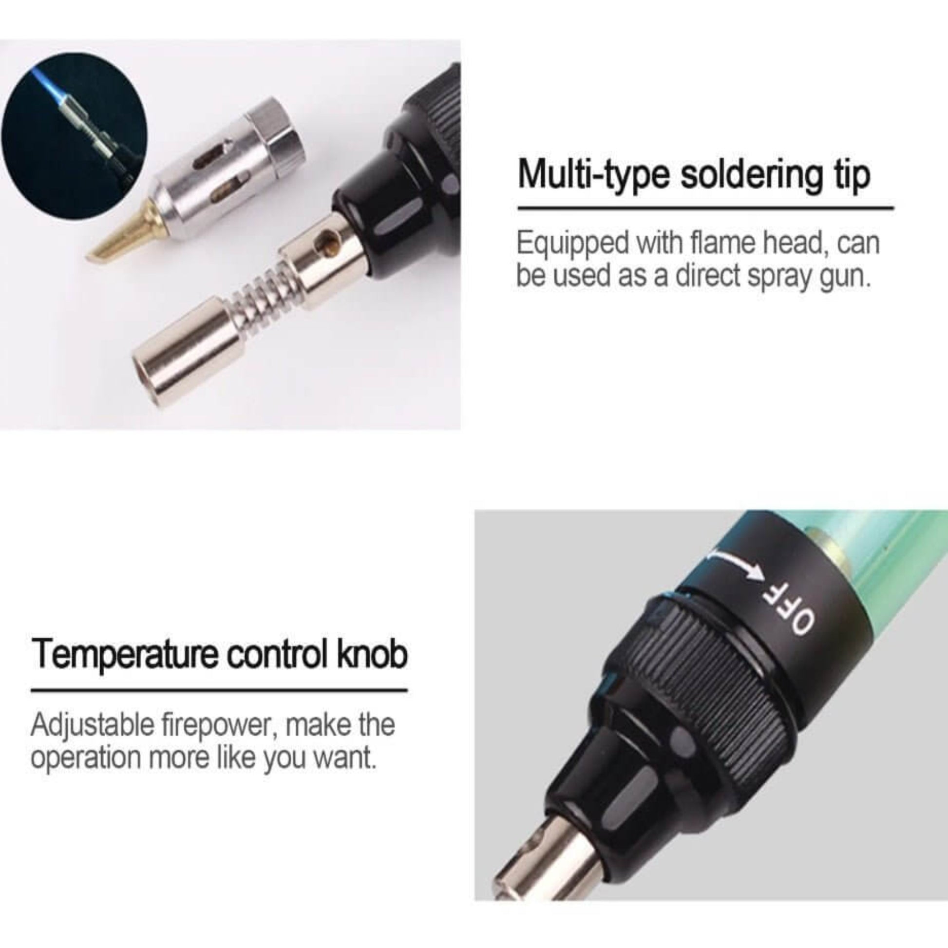 Close-up of multi-type soldering tip and temperature control knob of cordless gas soldering iron kit.