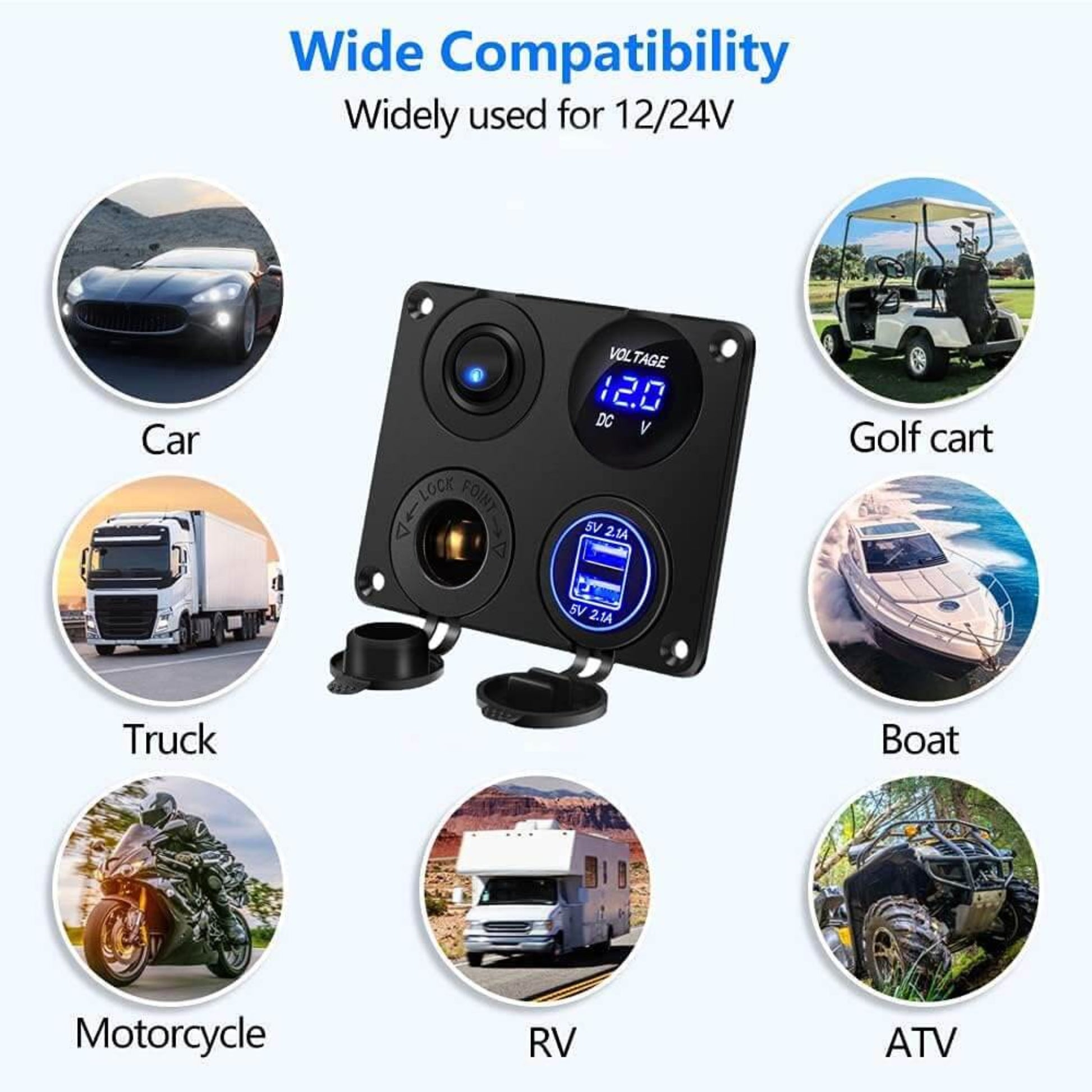 Examples of applications for the 4-in-1 power panel including cars, trucks, boats, RVs, and ATVs.