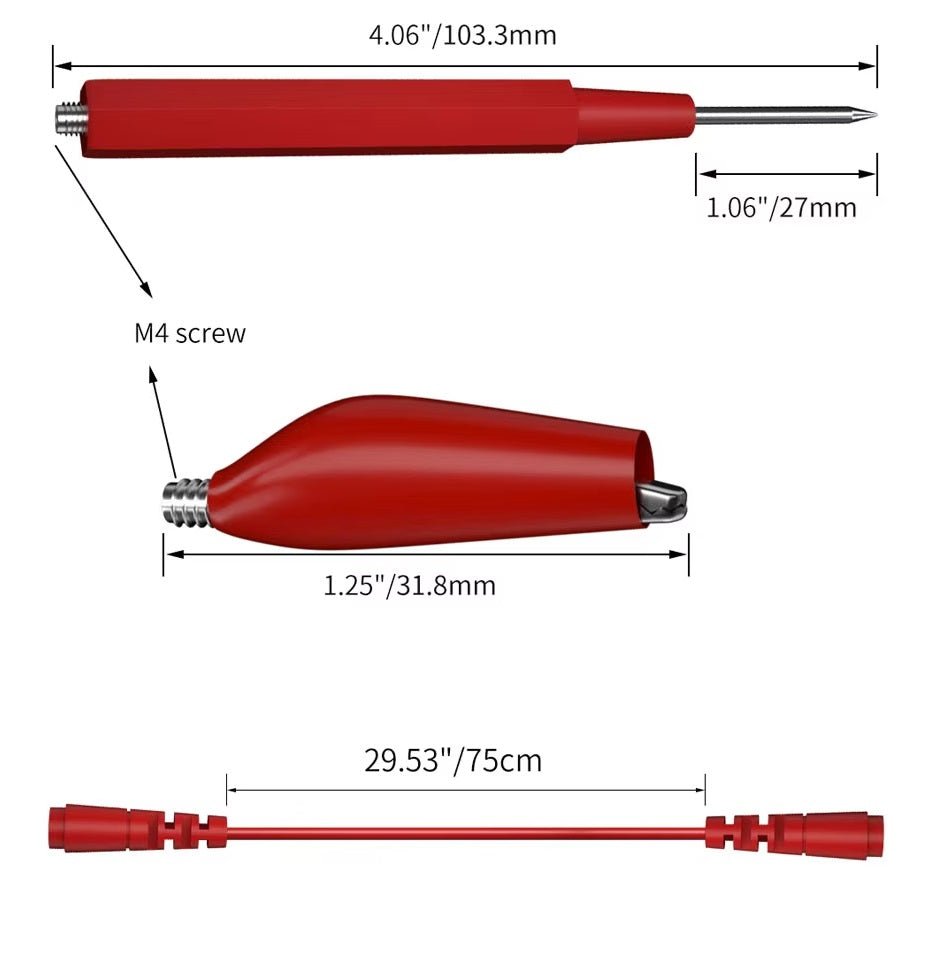 16-in-1 Modular Multimeter Test Lead Kit components showing red test probe, alligator clips, and measurements.