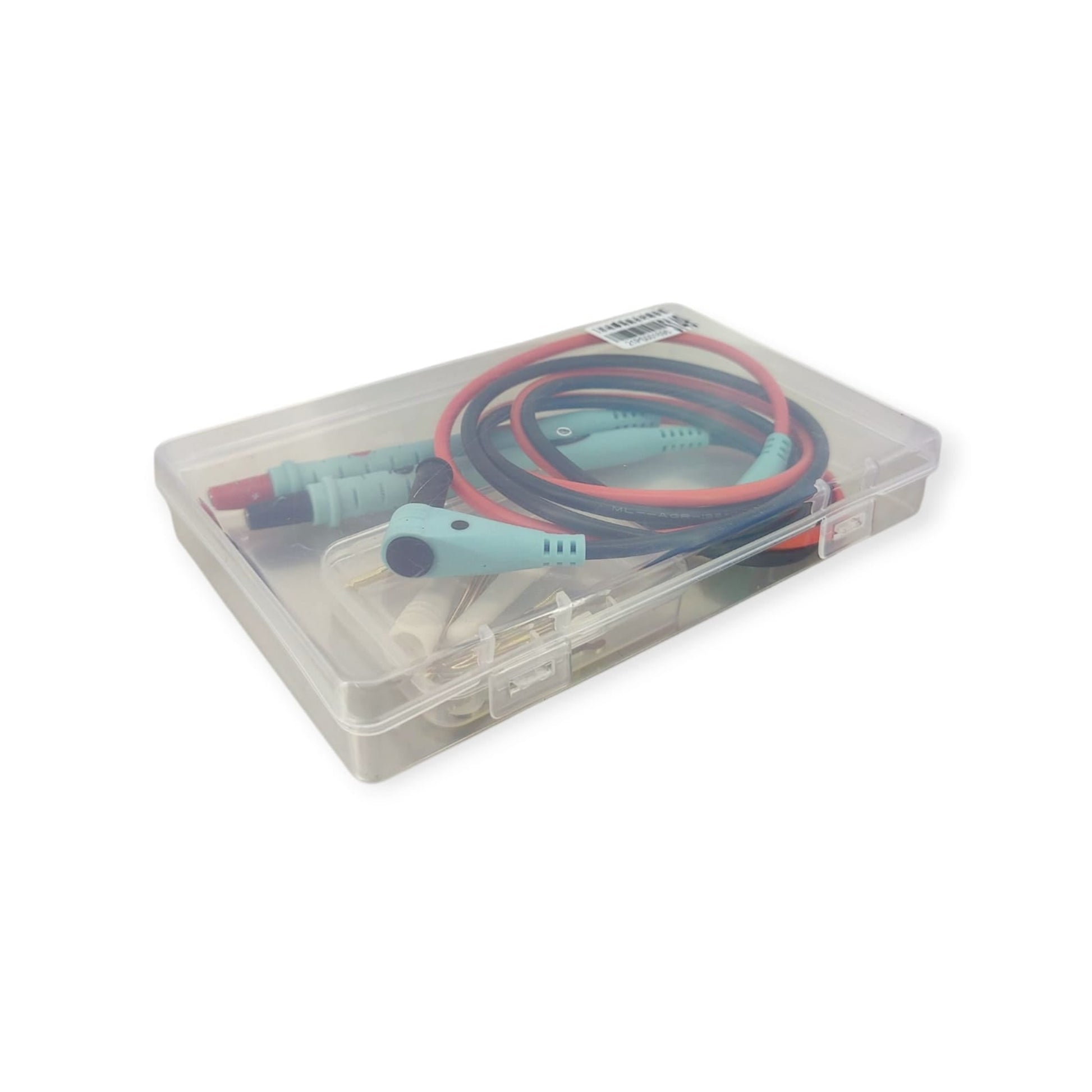 Full multimeter test lead set neatly organized in its transparent plastic storage case.