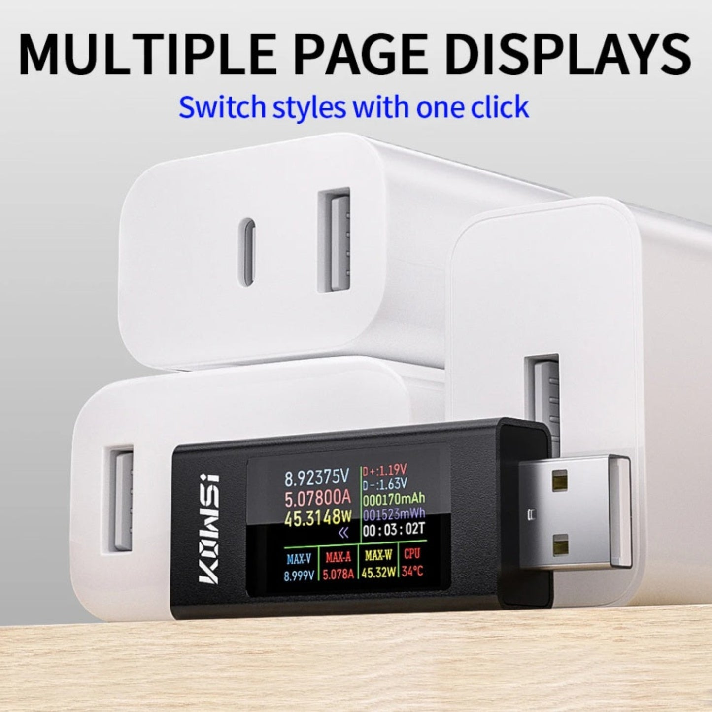 Side view of the USB tester plugged into a white charger showing the one-click button to switch display styles.