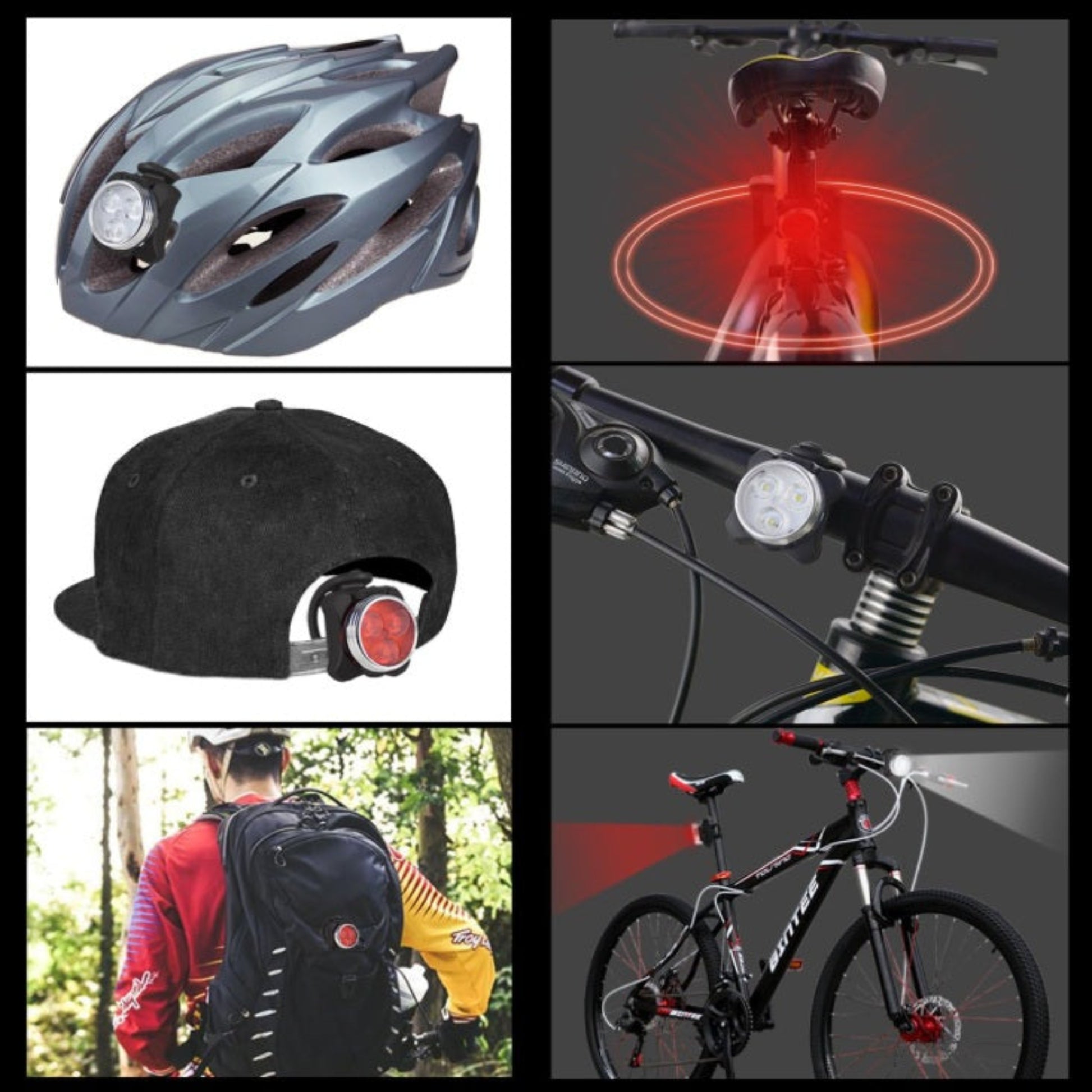 Versatile bike lights mounted on helmet, backpack, and bicycle frame for enhanced visibility.