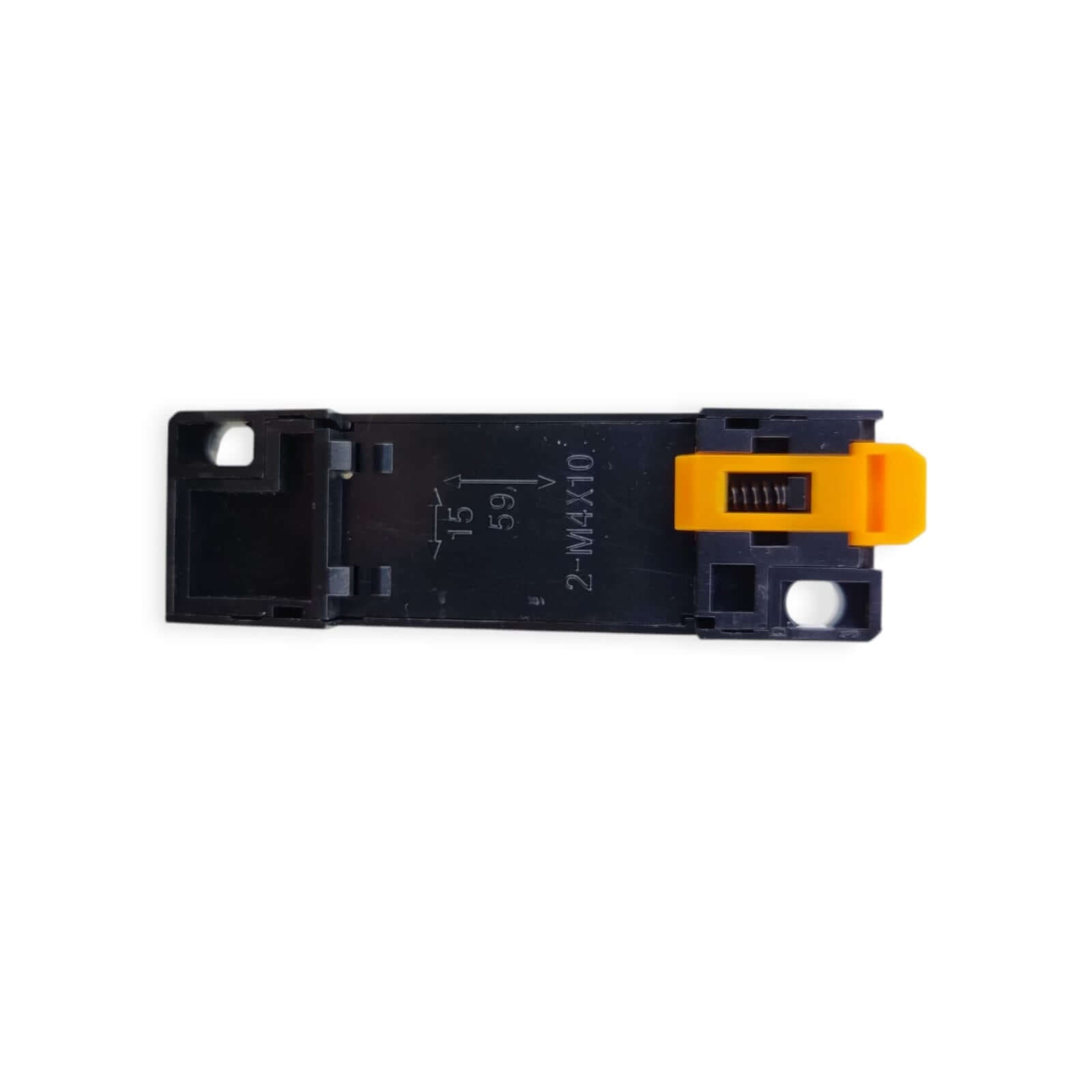 MY2NJ relay socket base top view with yellow lever for 12V & 24V applications, designed for efficient electrical connections.