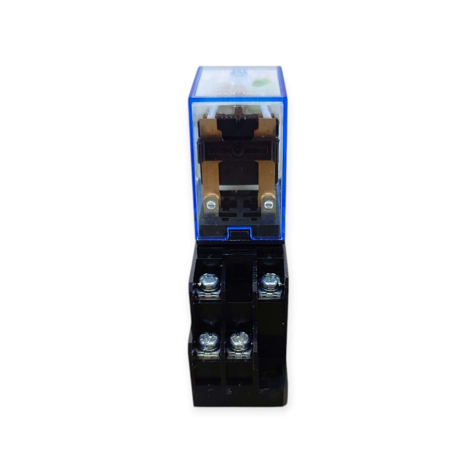 MY2NJ DPDT electromagnetic relay with socket base, showcasing dual pole configuration and durable build for electrical control systems.