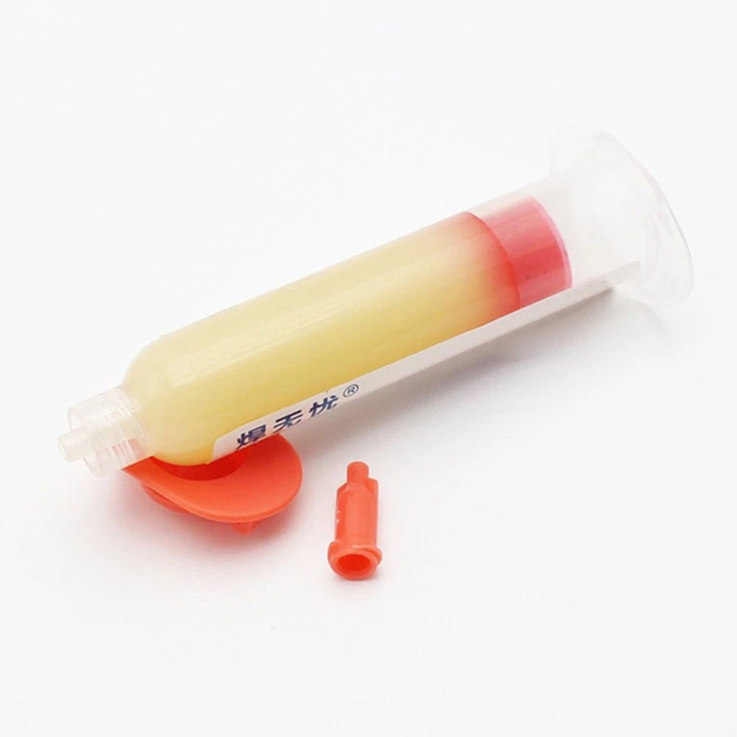 10cc no-clean solder paste syringe with orange cap, ideal for semiconductor packaging and BGA repairs.