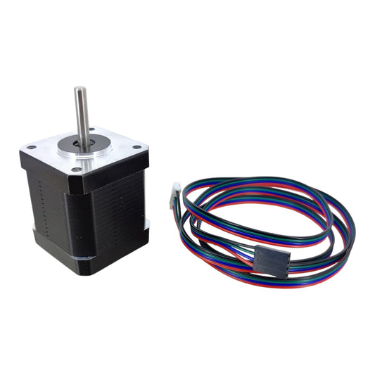 NEMA 17 stepper motor paired with its 4-wire color-coded connector cable.