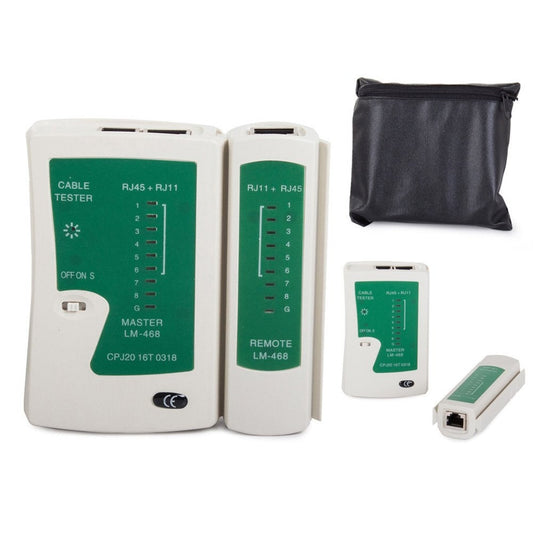 LM-468 Network Cable Tester set with Master, Remote units and black protective carrying pouch.