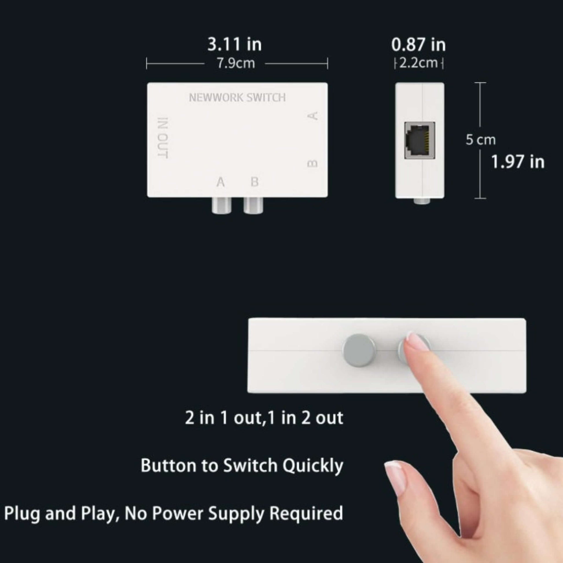 Physical dimensions of the MT-VIKI mini network switch 7.9cm by 5cm.