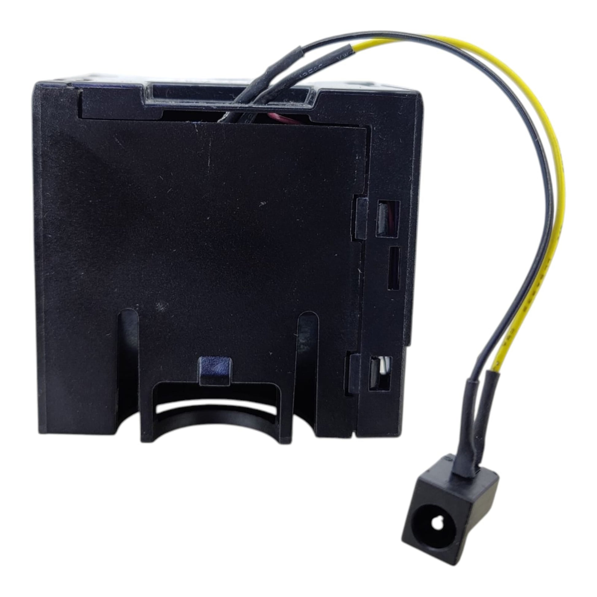 Rear view of the Nidec blower fan, highlighting the pre-soldered 5.5mm x 2.1mm DC barrel jack.