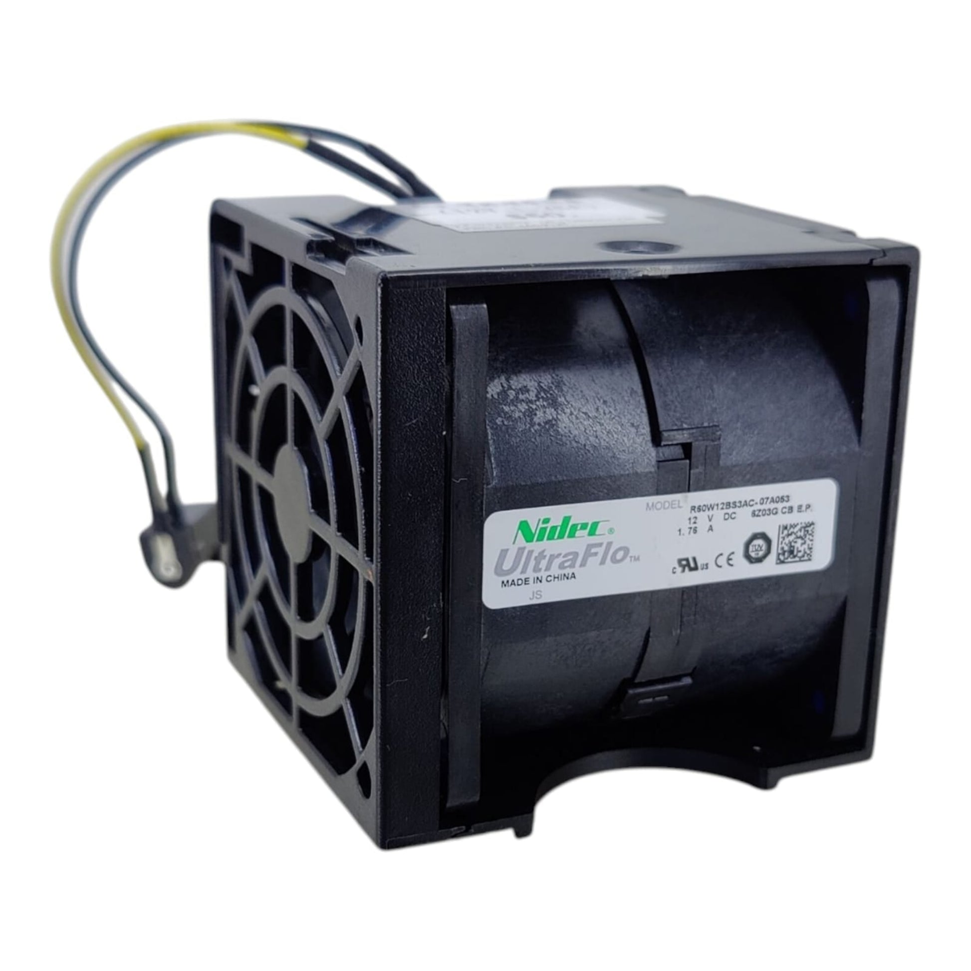 Side view displaying the Nidec UltraFlo model label R60W12BS3AC-07A062, 12V 1.76A.