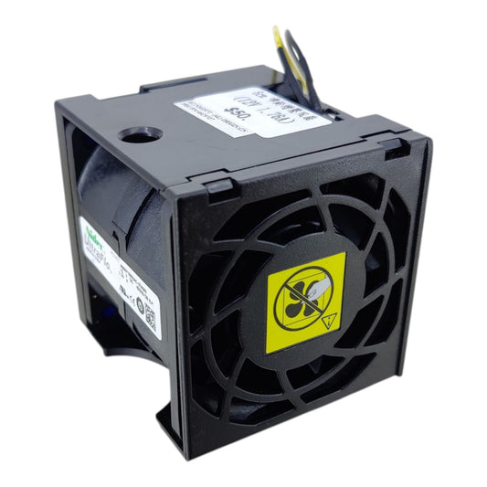 Angled view of the Nidec UltraFlo 12V 1.76A blower fan, showing the 5.5mm DC jack and specification label.