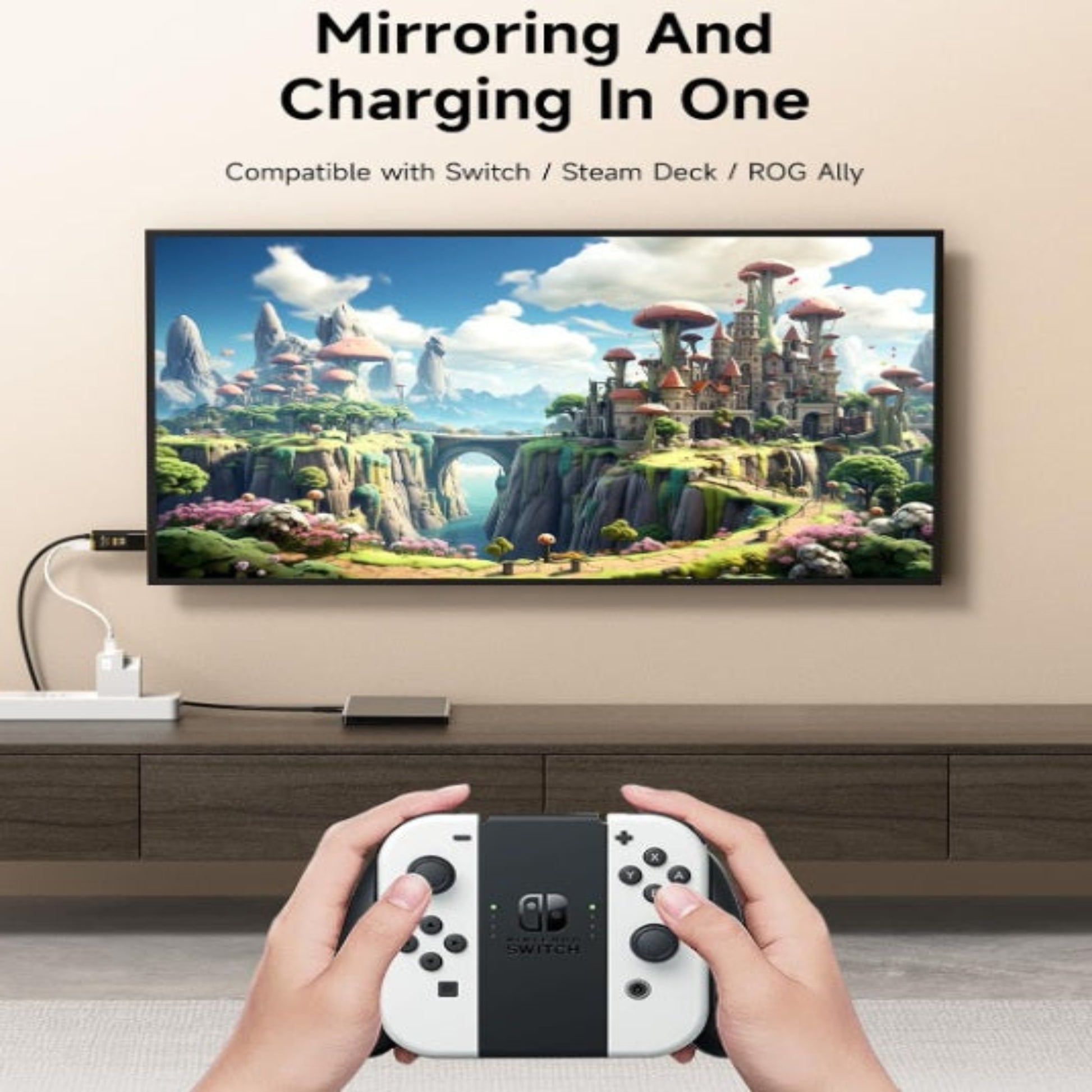 Playing Nintendo Switch in TV mode using Hagibis HDMI cable as a portable dock replacement for gaming.