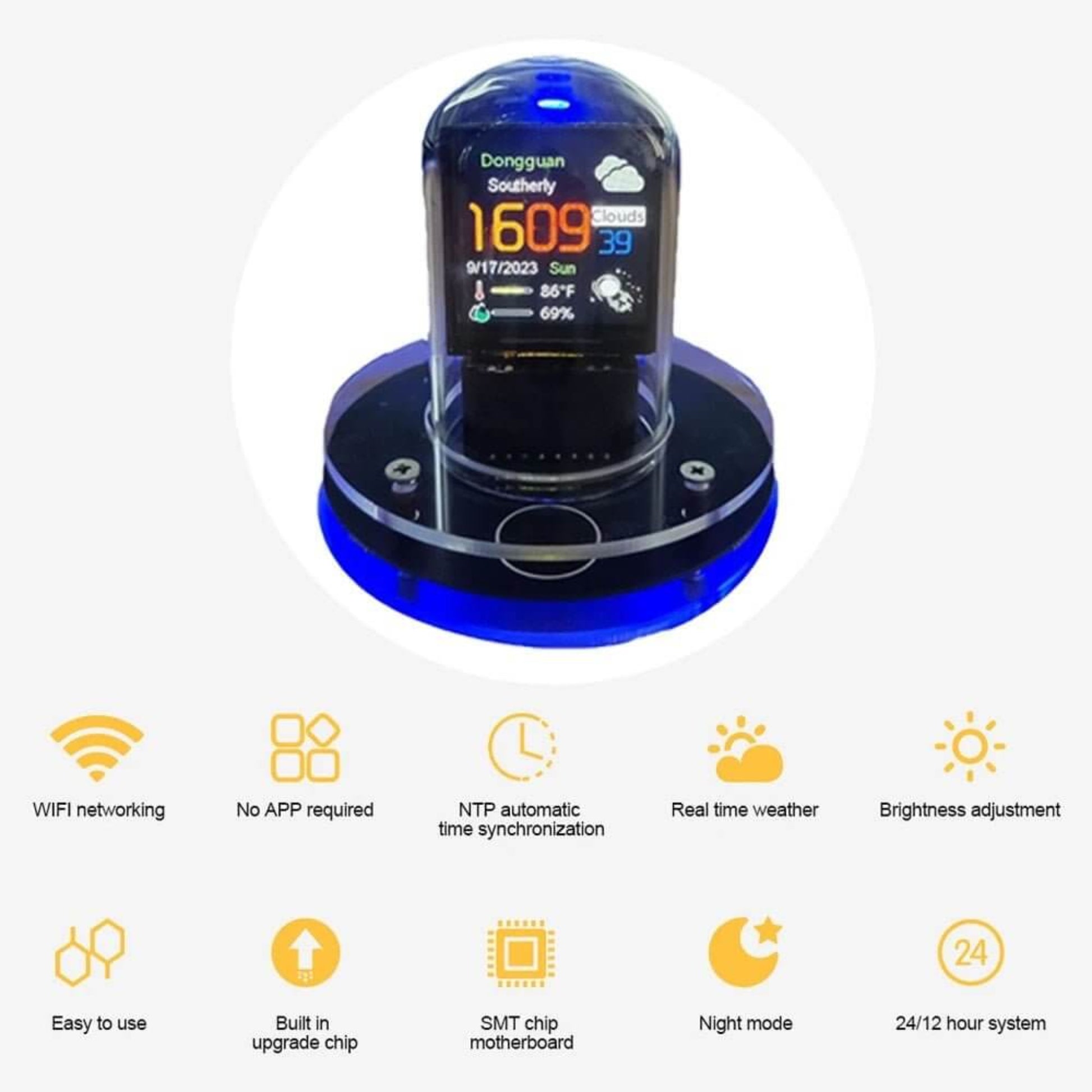 Key features of the smart digital table clock: WiFi networking, NTP automatic time synchronization, night mode, 24/12H.