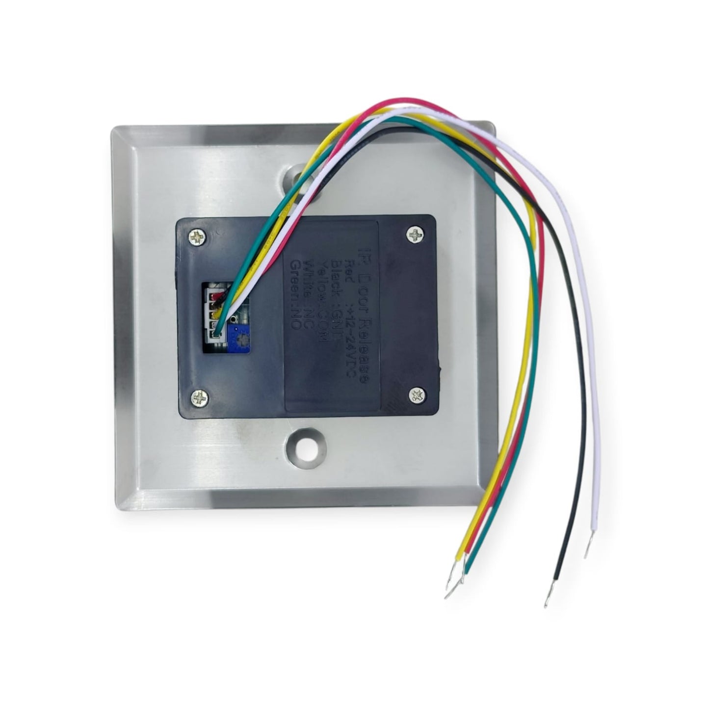 Rear view of the No Touch Exit Switch, showing the wiring and adjustable sensor.