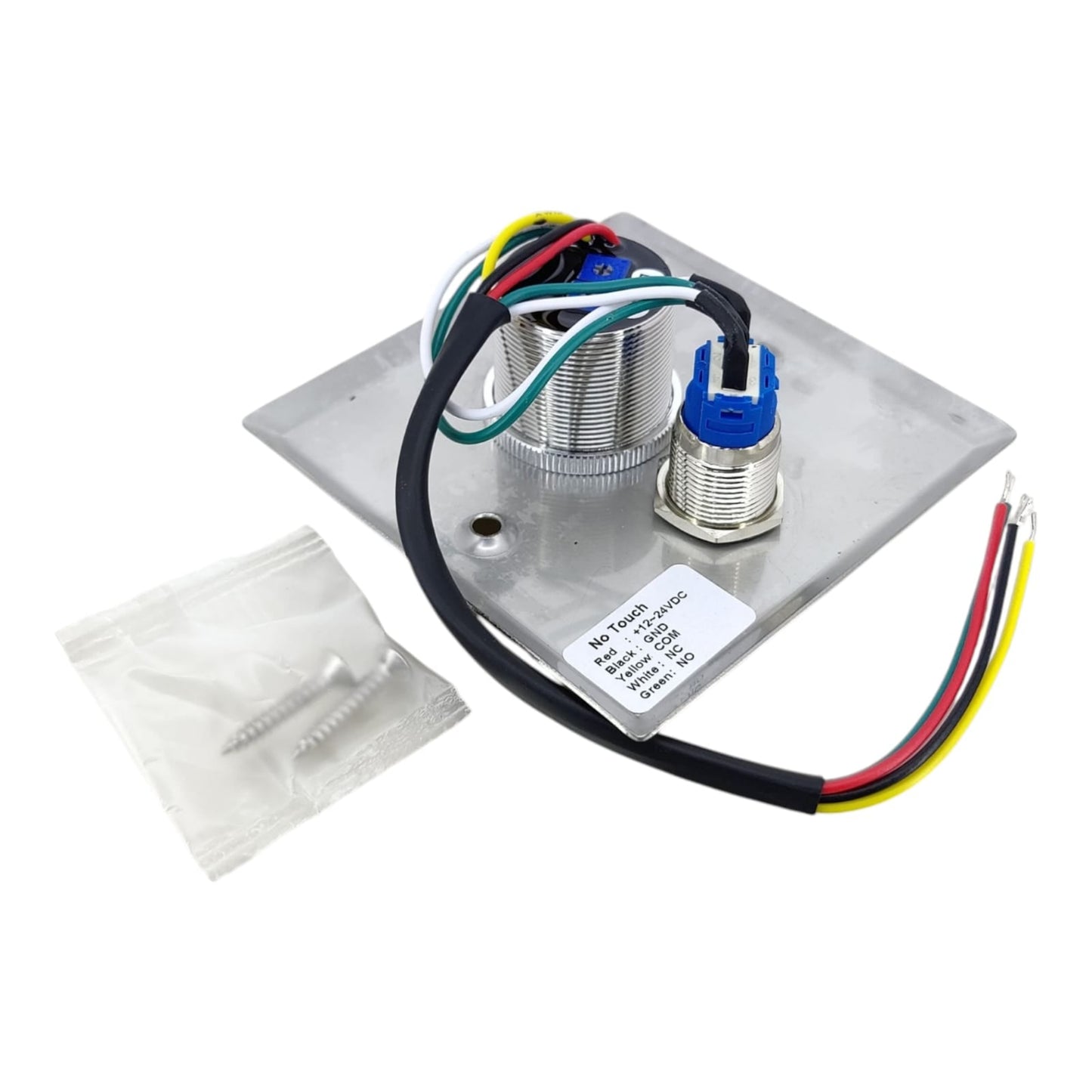 Full back view of the no-touch door release switch, showing the wiring harness and included mounting screws.