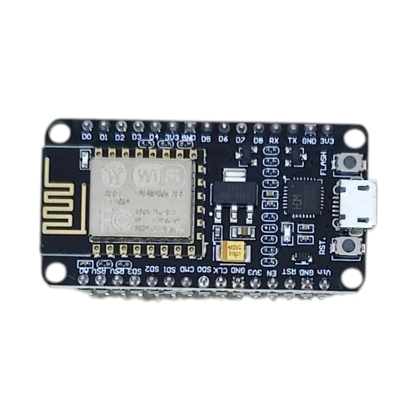 Top view of the ESP8266 development board featuring the Wi-Fi shielding and CP2102 chip.