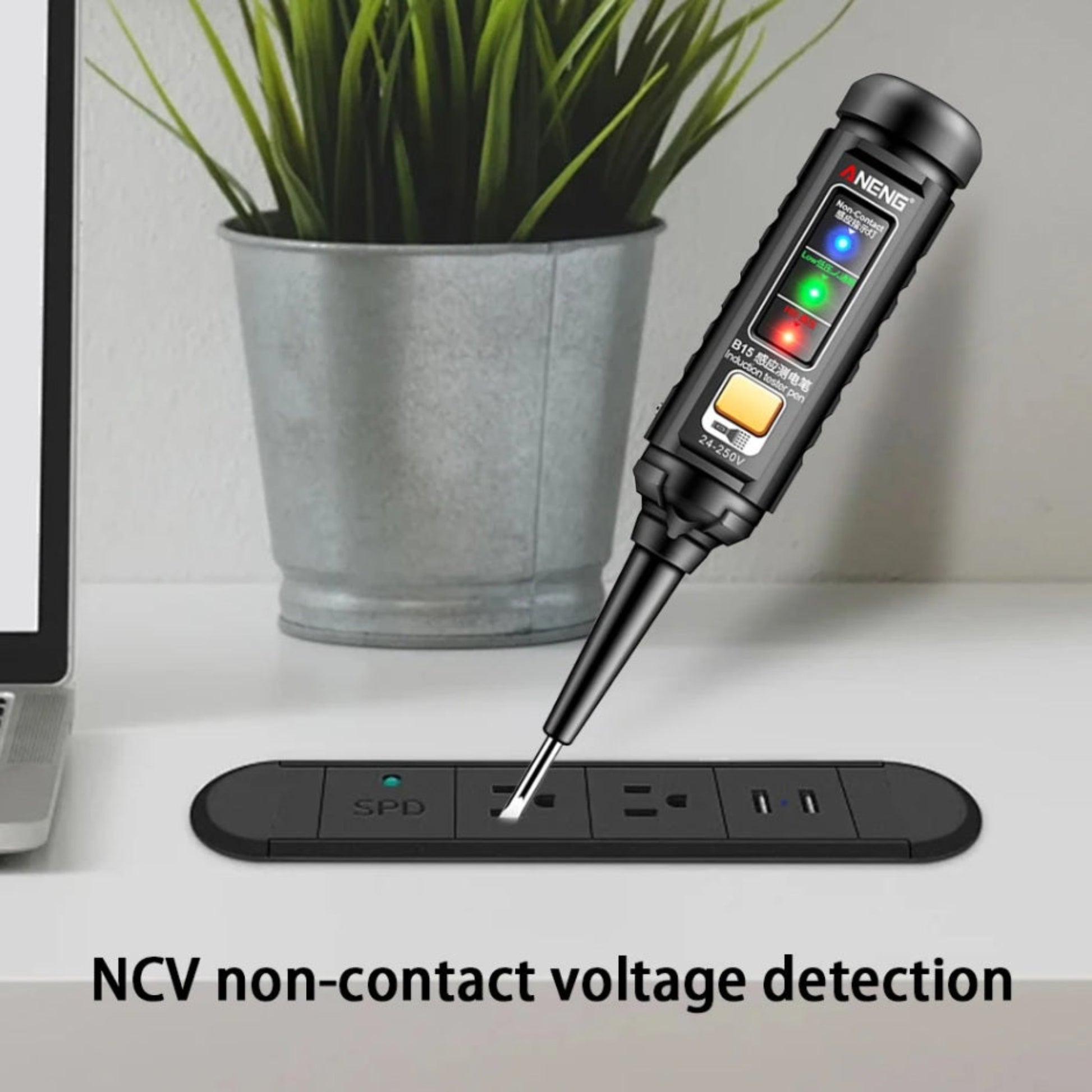 NCV 非接觸式電壓檢測示範，安全測試拖板是否通電。新昌電腦提供各類五金工具及專人指導。
