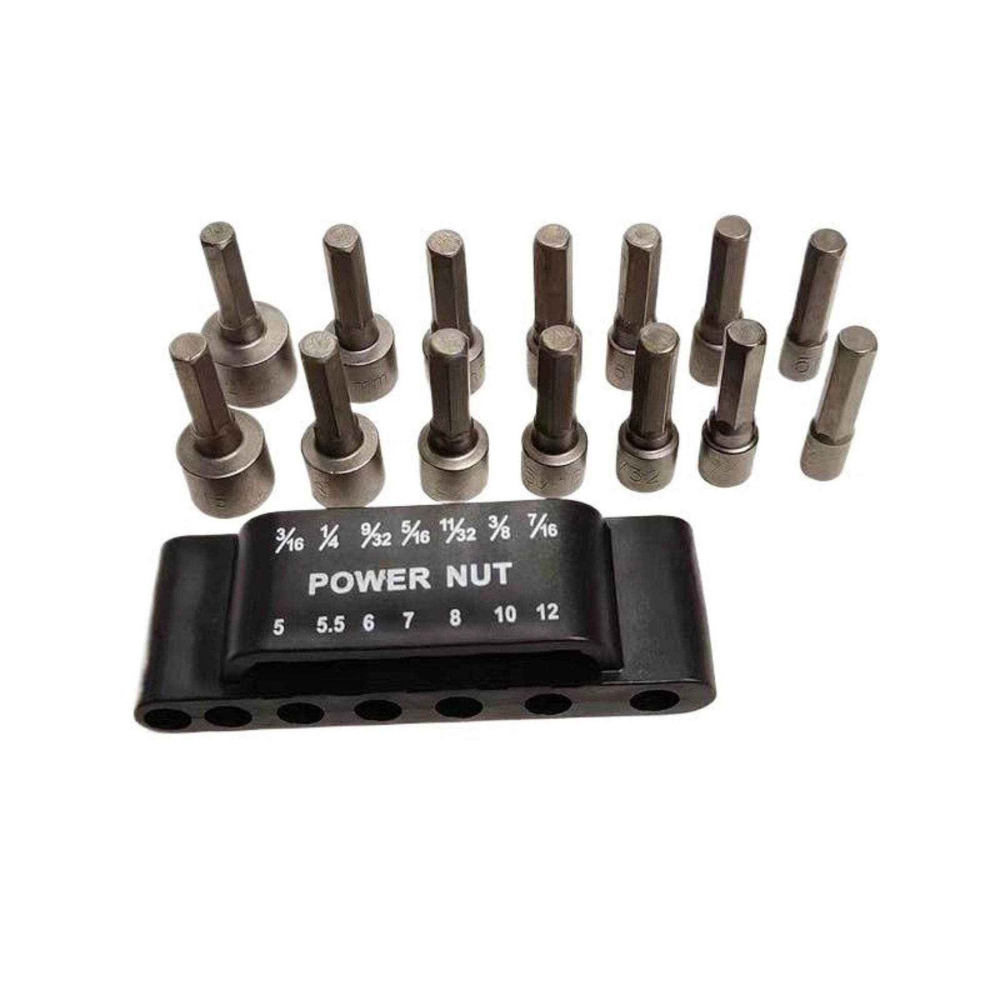 14PCS hexagon nut driver set with various sizes, featuring power nut adapter and hex shank design for electric screwdriver use.
