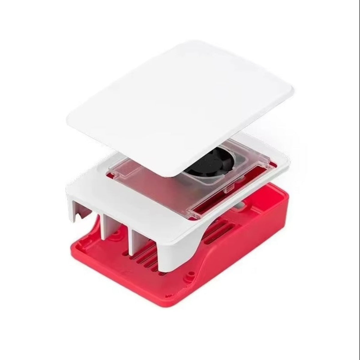 官方 Raspberry Pi 5 原廠外殼 (SC1159) 分解圖，展示紅色底座、透明 PWM 散熱風扇組件及白色可拆卸頂蓋。