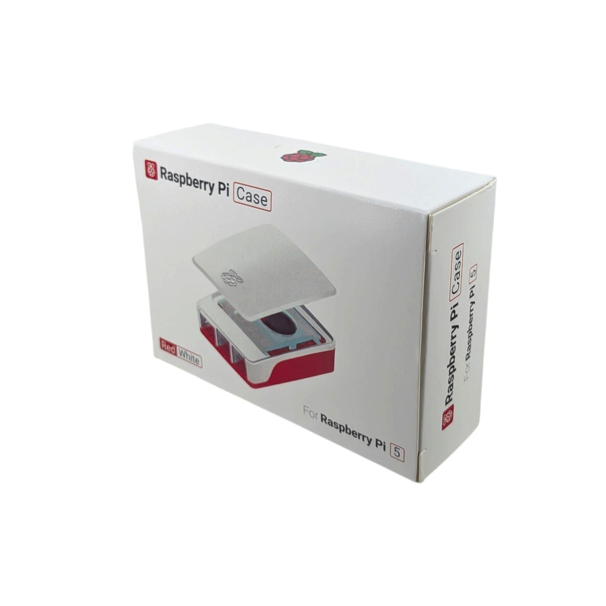 官方 Raspberry Pi 5 Case (SC1159) 紅白外殼的零售包裝盒正面，印有樹莓派標誌及產品外觀圖。