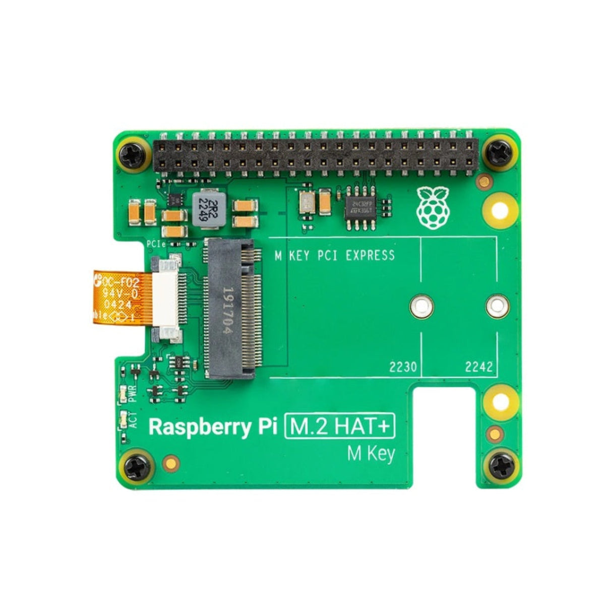 Raspberry Pi 官方 M.2 HAT+ 正面圖，清晰顯示支援 2230 及 2242 NVMe SSD 的 M Key 插槽。
