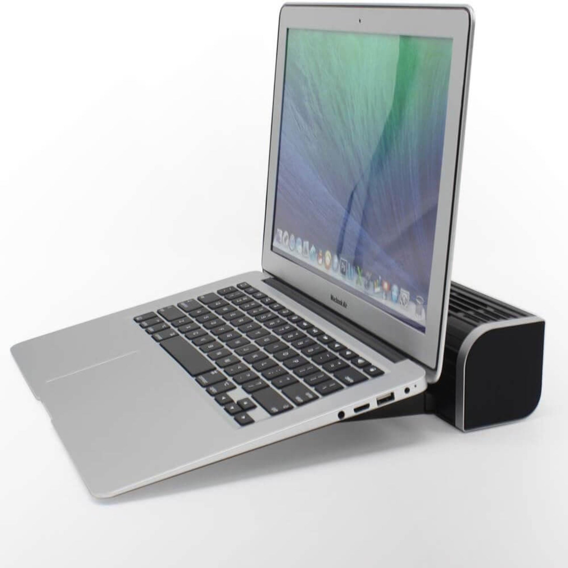 Olmaster CF-1691 USB cooling fan positioned under a MacBook for effective notebook cooling.