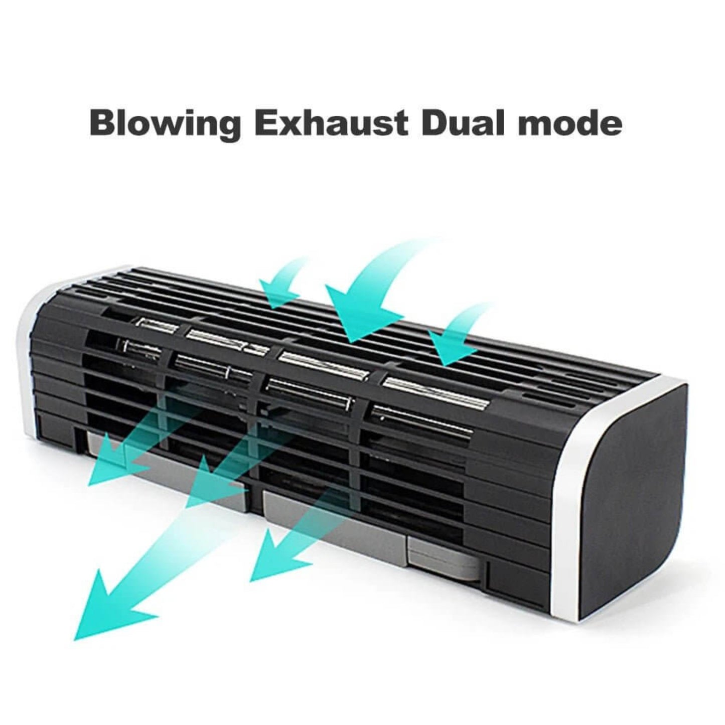 The Olmaster CF-1691 USB fan in blowing and exhaust dual mode, with blue arrows indicating airflow.