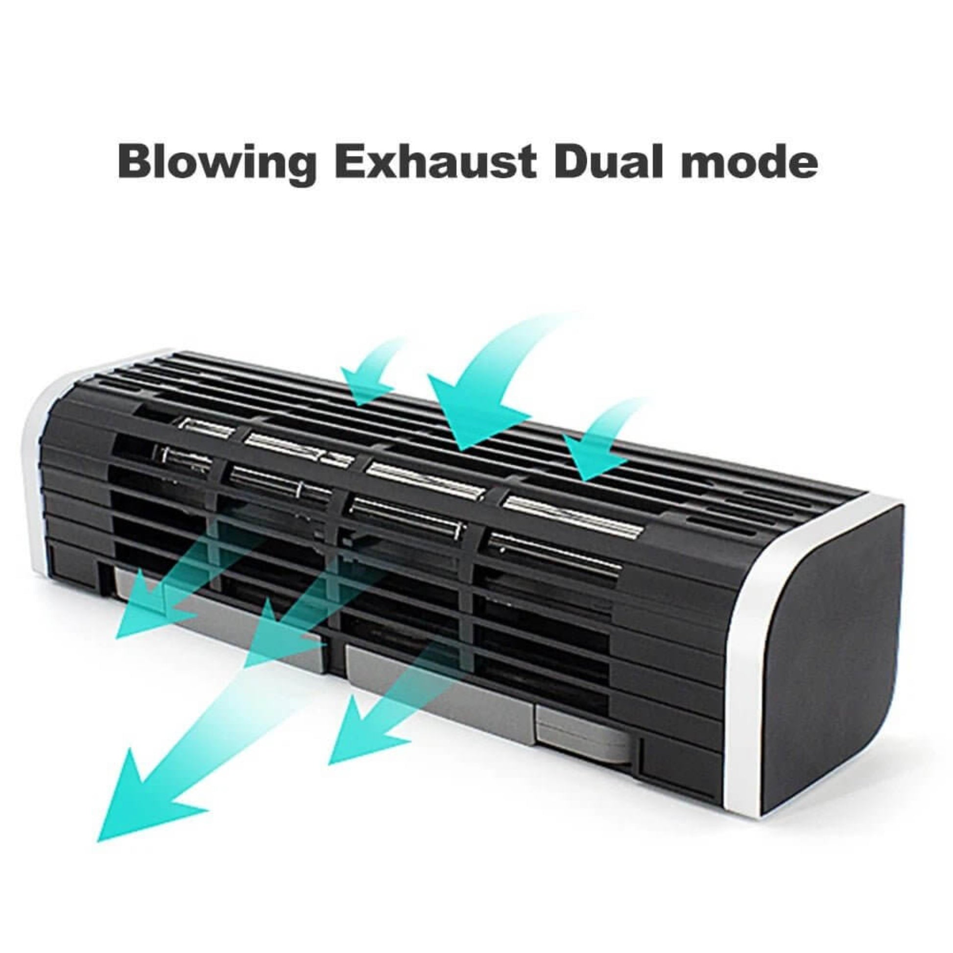 The Olmaster CF-1691 USB fan in blowing and exhaust dual mode, with blue arrows indicating airflow.