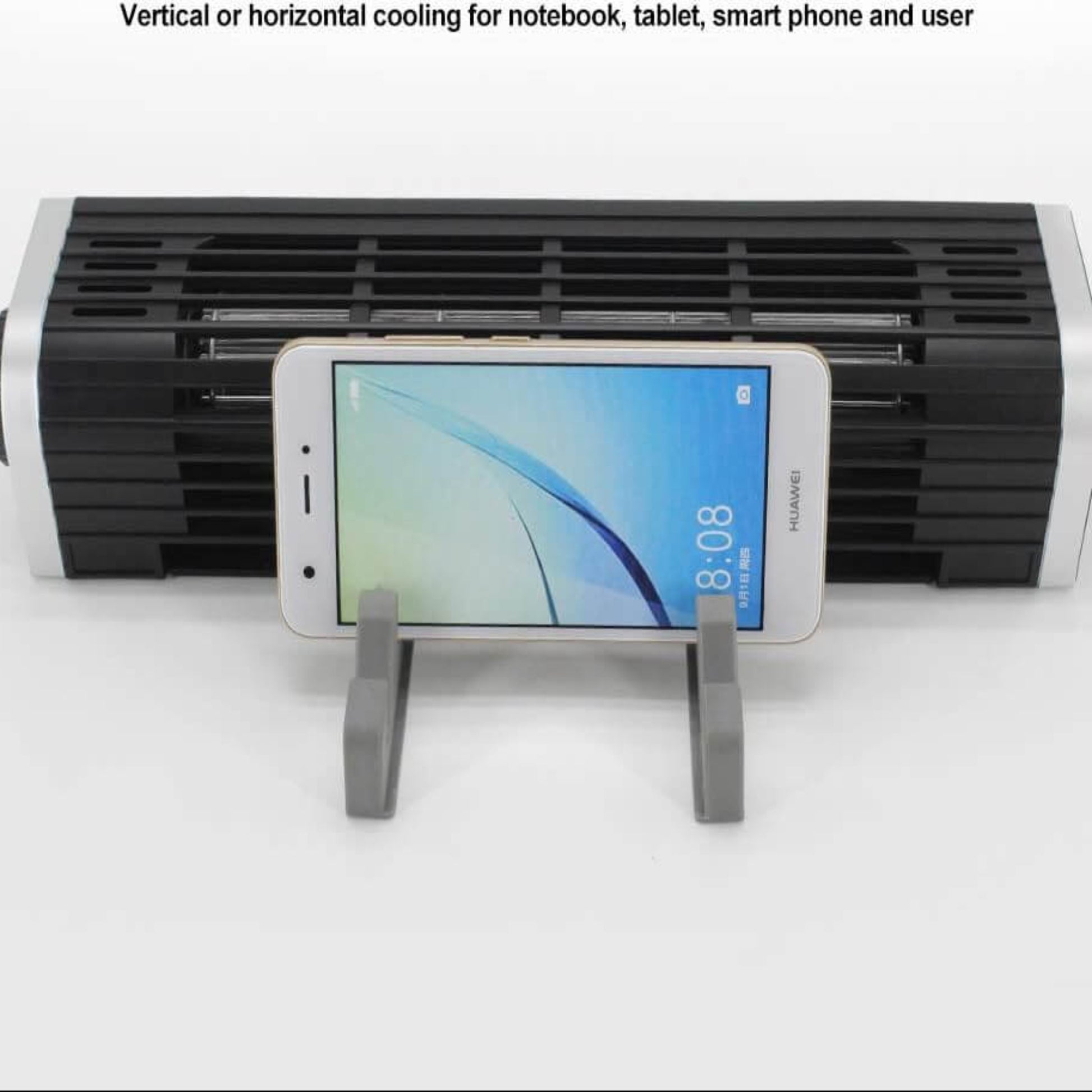Olmaster CF-1691 USB cooling fan used in a horizontal position to cool a smartphone.