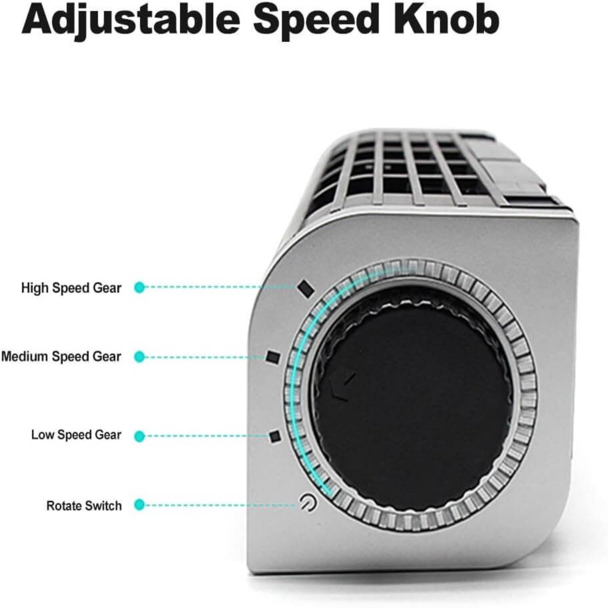 Close-up of the Olmaster CF-1691 cooling fan's adjustable speed knob with high, medium, and low settings.