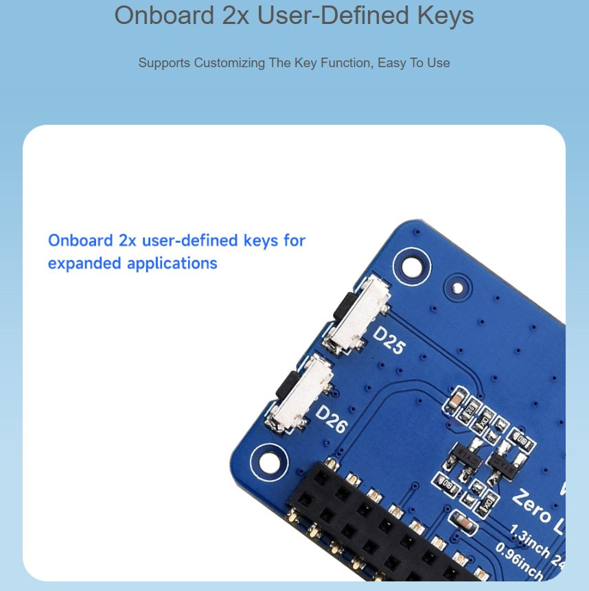 Two onboard user-defined keys (K1, K2) for expanded custom application control on Raspberry Pi.