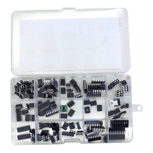 Open storage case filled with various DIP integrated circuits and sockets sorted into compartments.