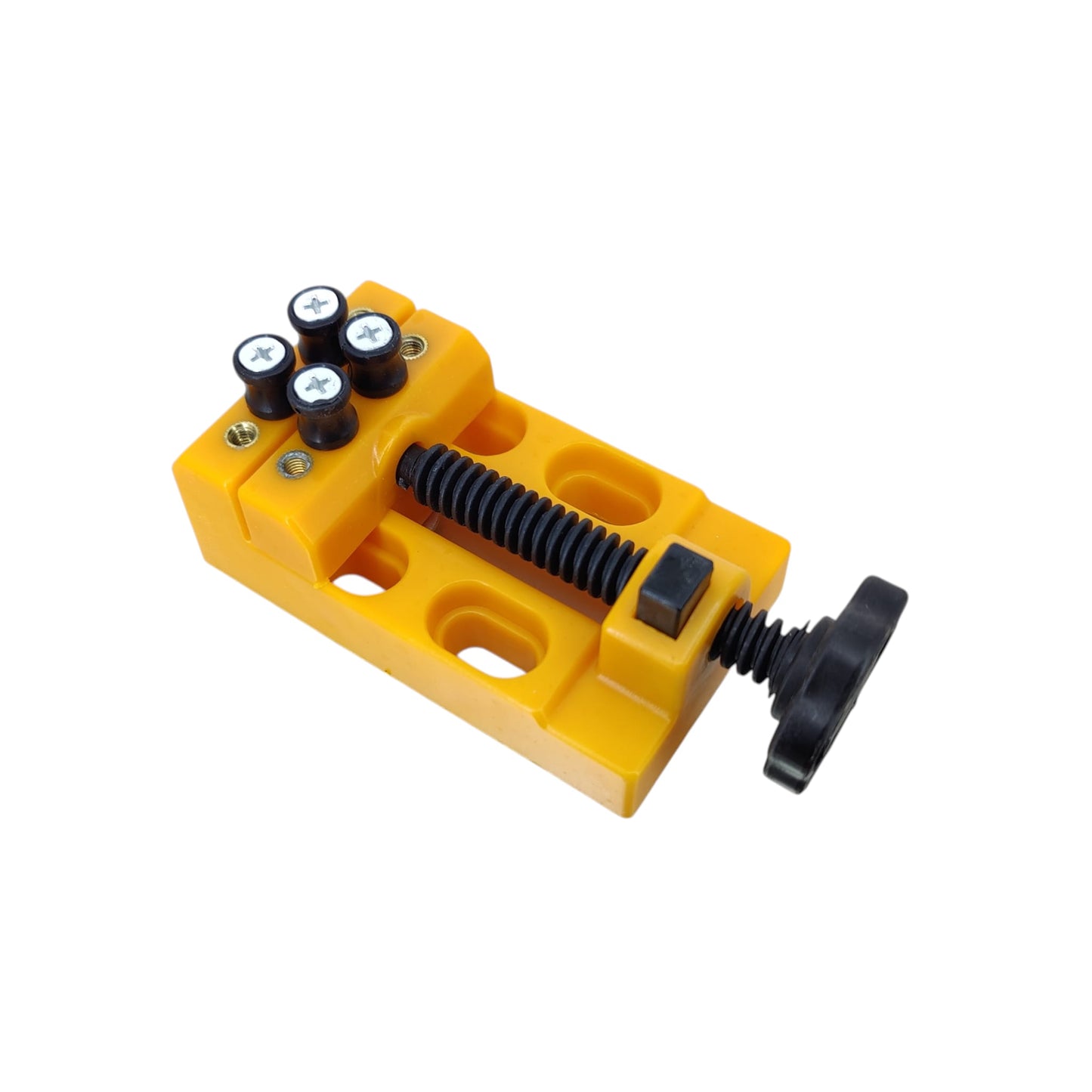 Orange desktop hobby vise highlighting the multiple slots for repositionable pegs.