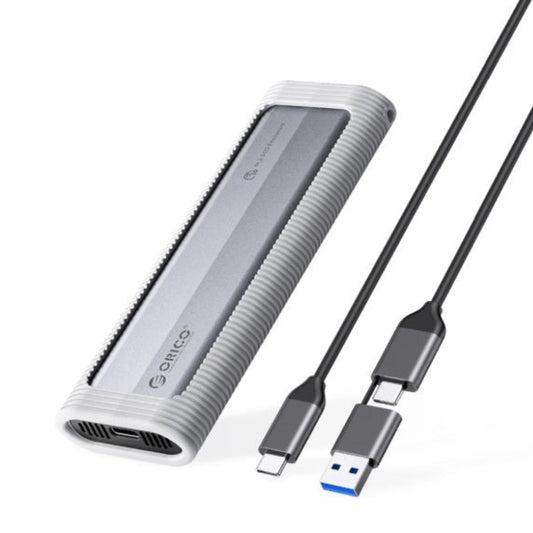 ORICO M.2 NVMe SSD Enclosure with protective silicone case and 2-in-1 USB-C cable.