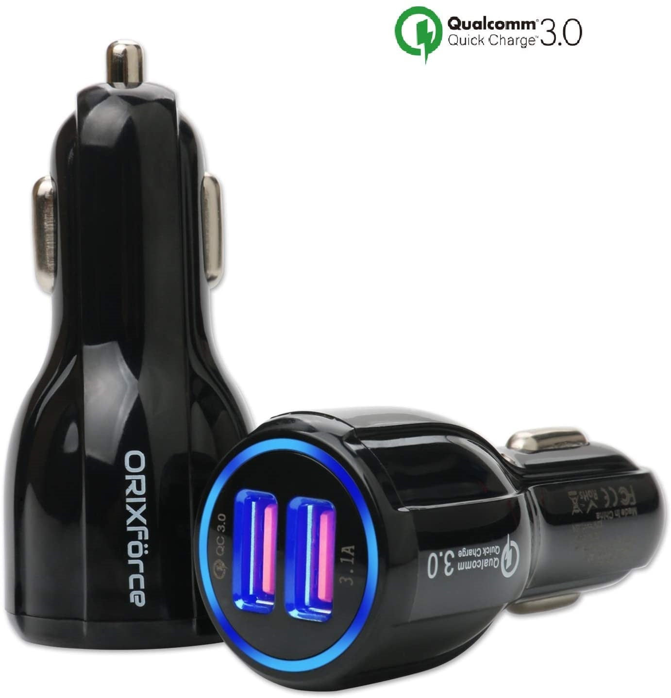 Two black ORIX Force dual USB car chargers, one upright and one angled, showcasing their design and glowing blue USB ports with QC 3.0 branding.