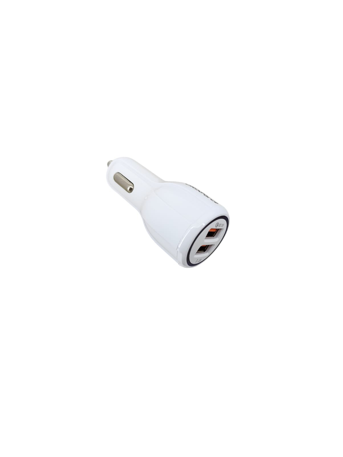 White ORIX Force dual USB car charger, showing its two USB ports and compact form factor.