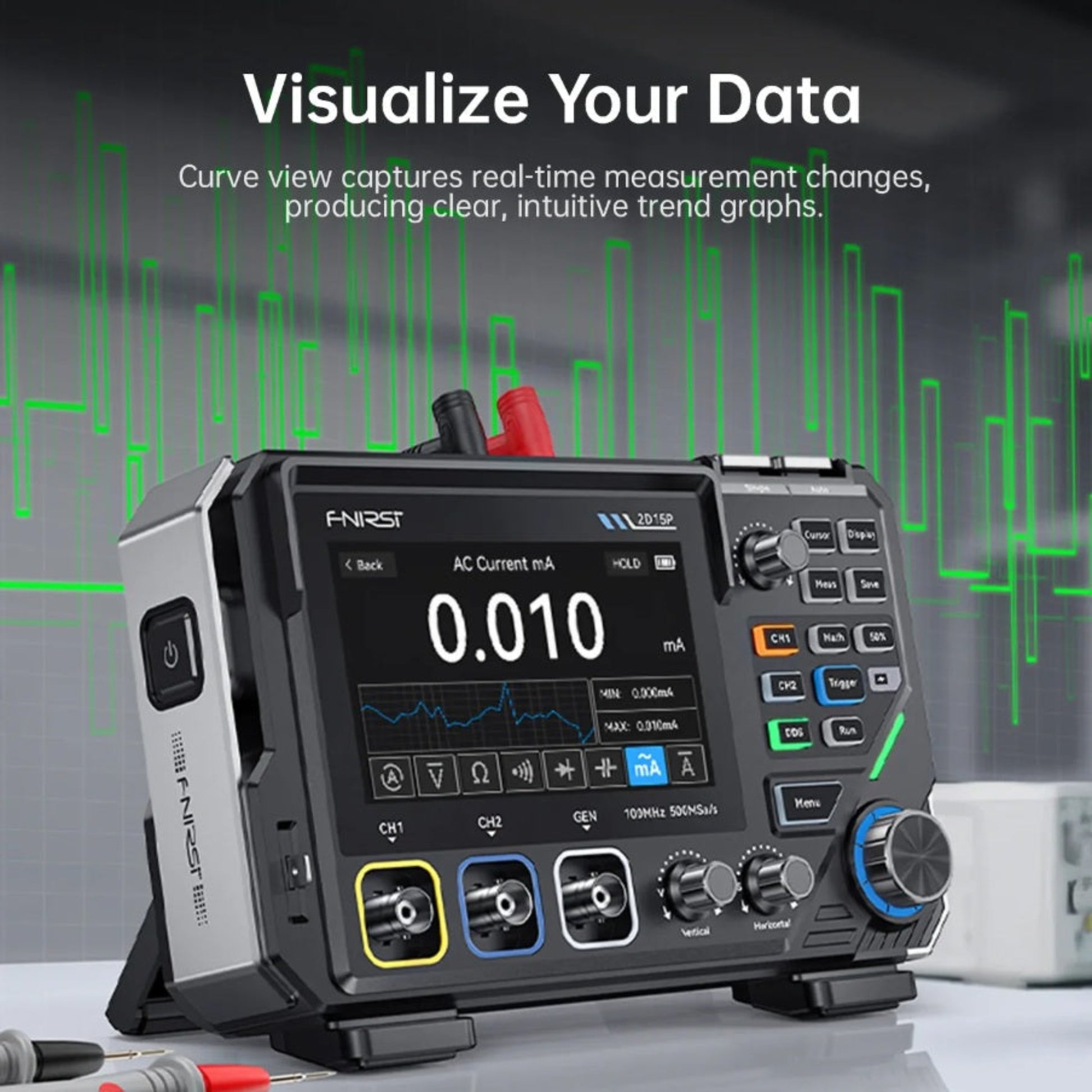 Digital multimeter mode on FNIRSI 2D15P displaying real-time data trends