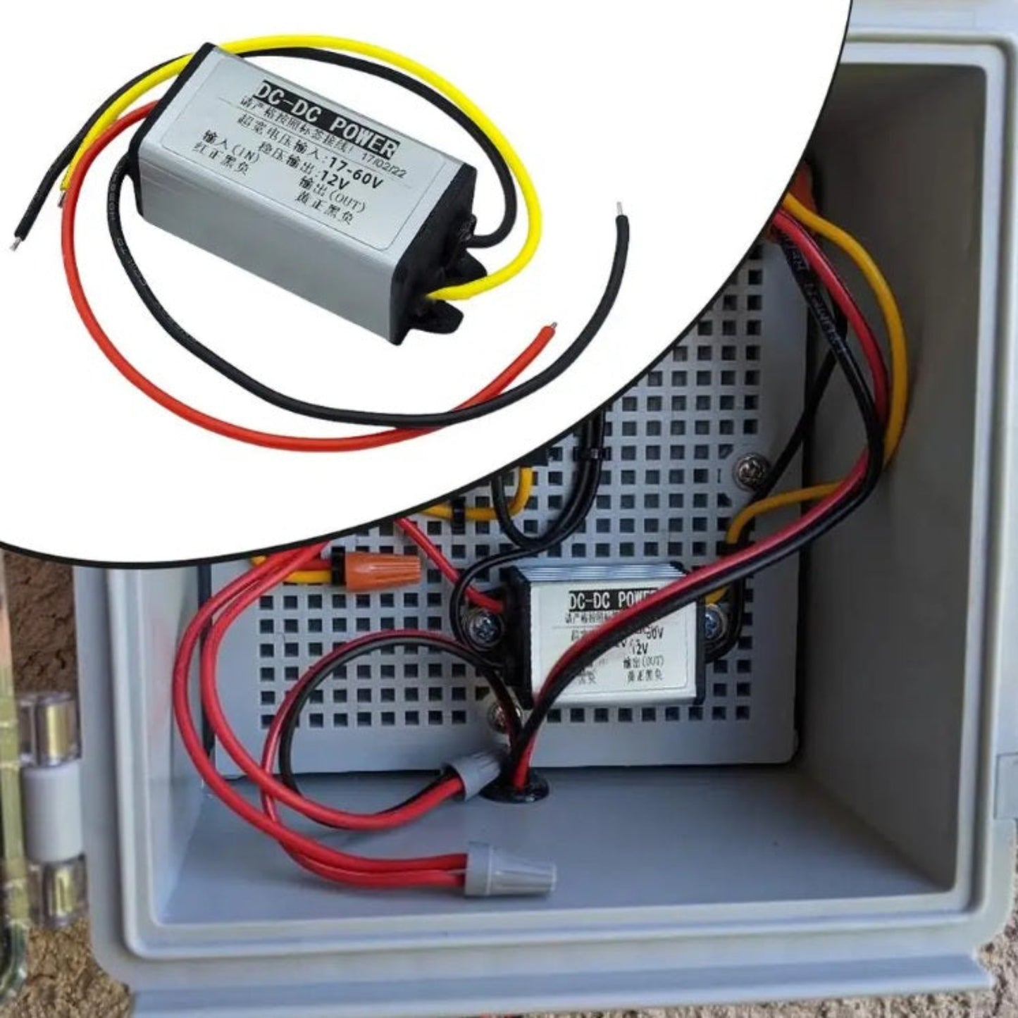 Step down converter installed inside an outdoor weatherproof junction box for a CCTV system.