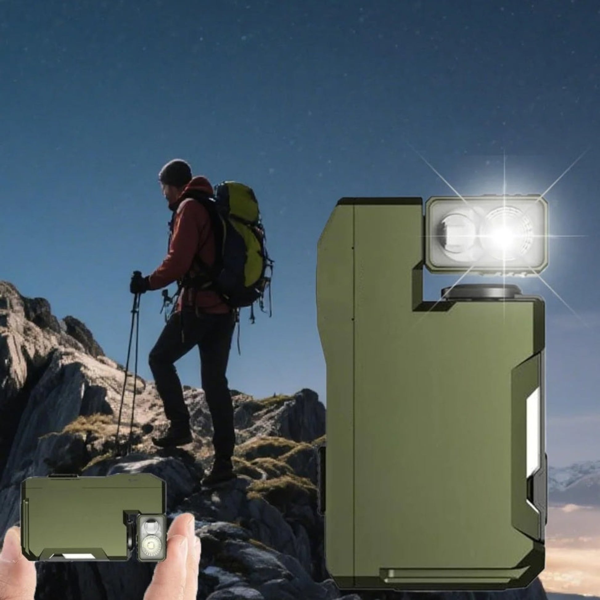 Hiker climbing a mountain at night using the green EDC mini flashlight clipped to their gear for hands-free illumination.