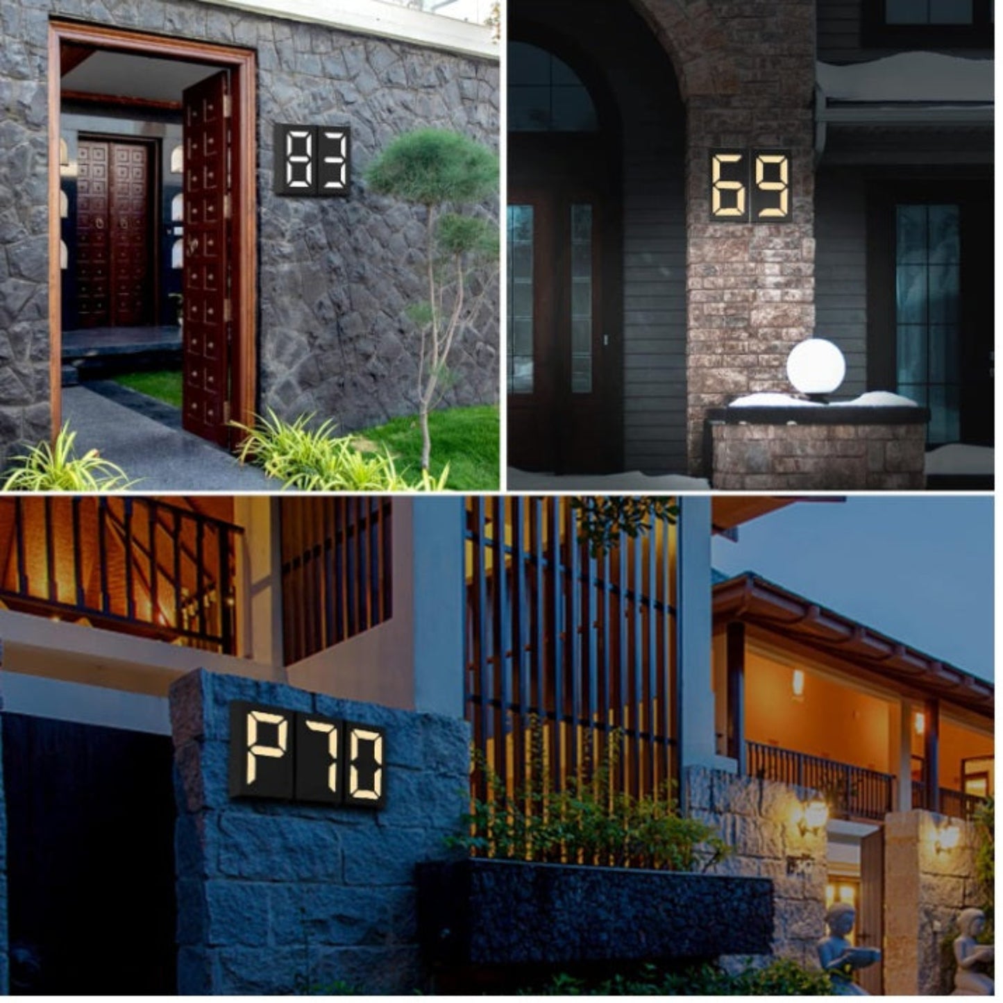 Different outdoor installations of solar house numbers on a stone wall, brick pillar, and modern house gate.
