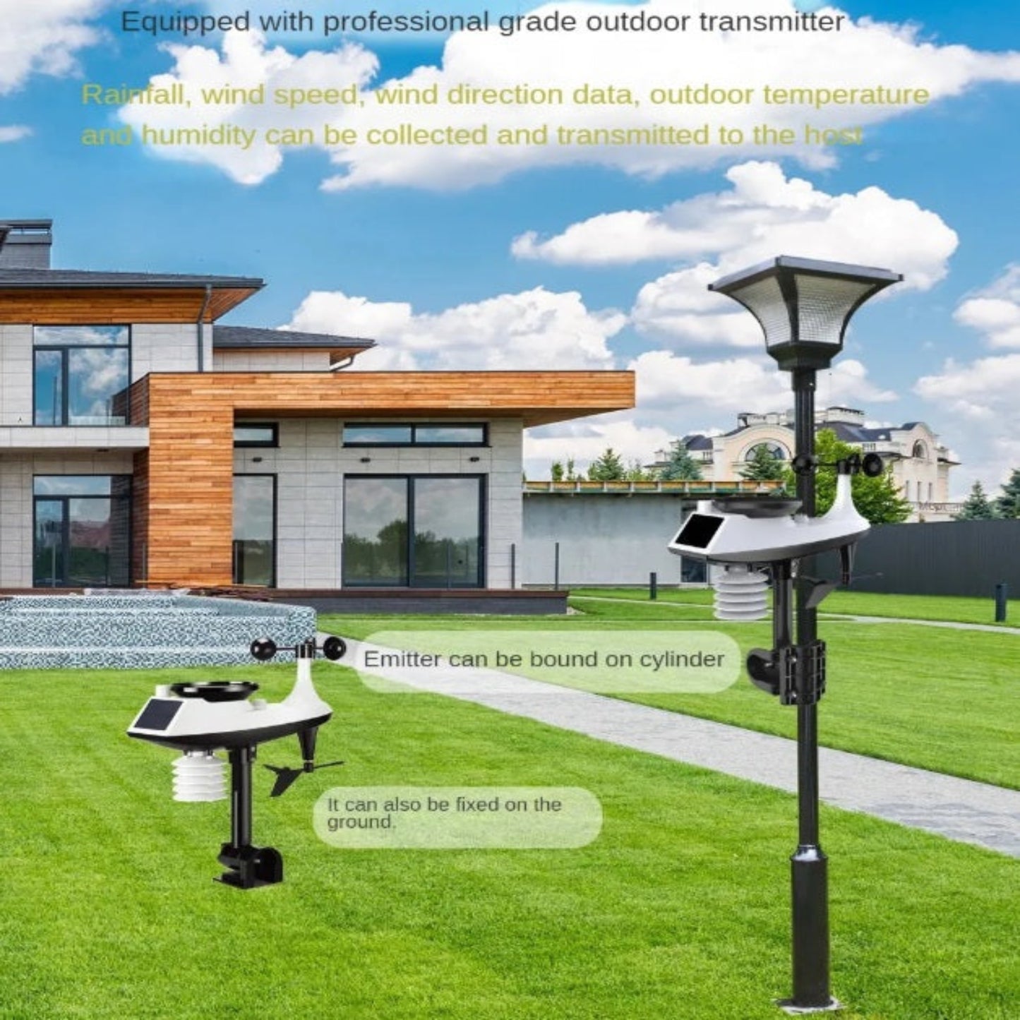 Outdoor weather sensor mounted on a cylinder pole in a garden.
