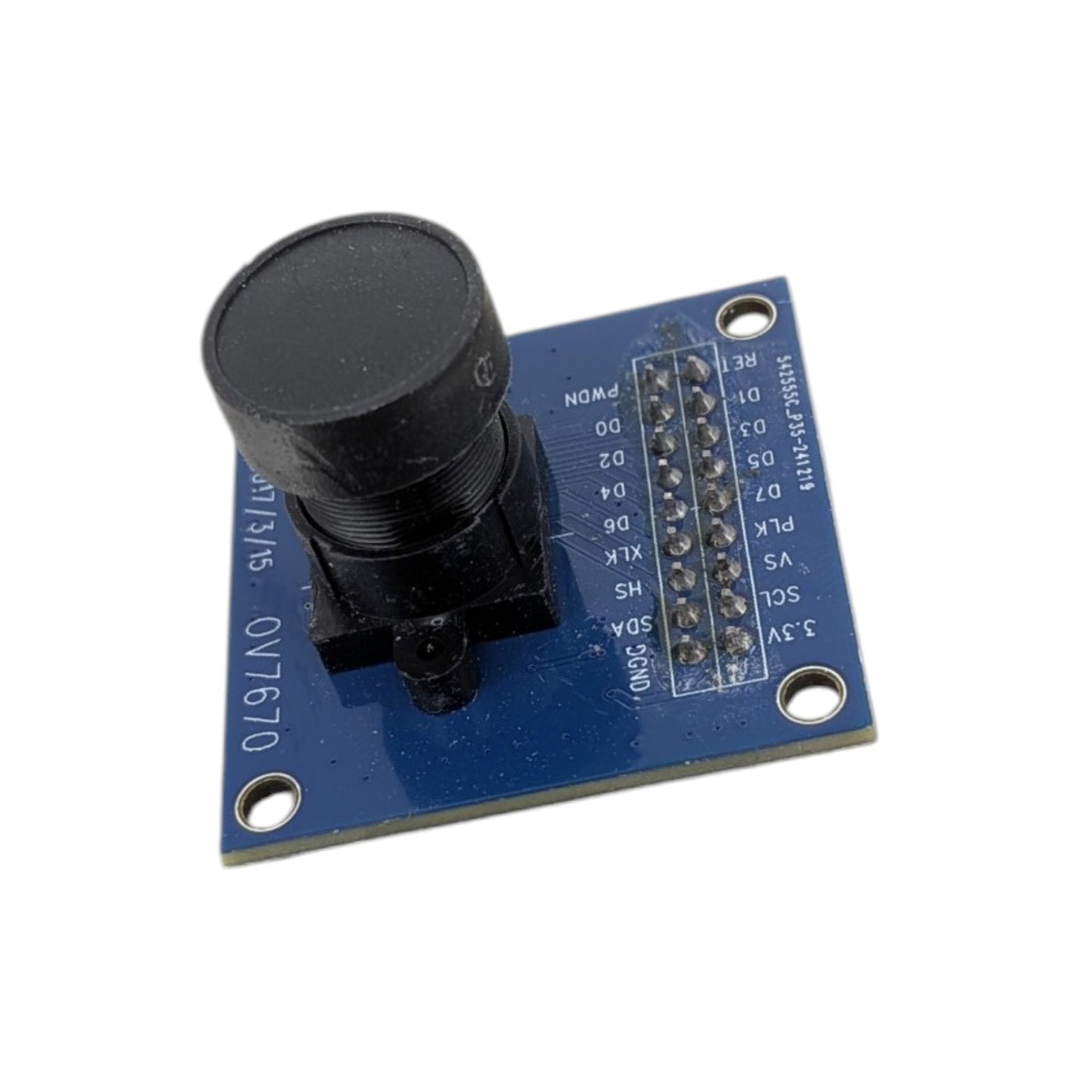 Angled view of the OV7670 camera module highlighting the compact black lens barrel and the blue printed circuit board.