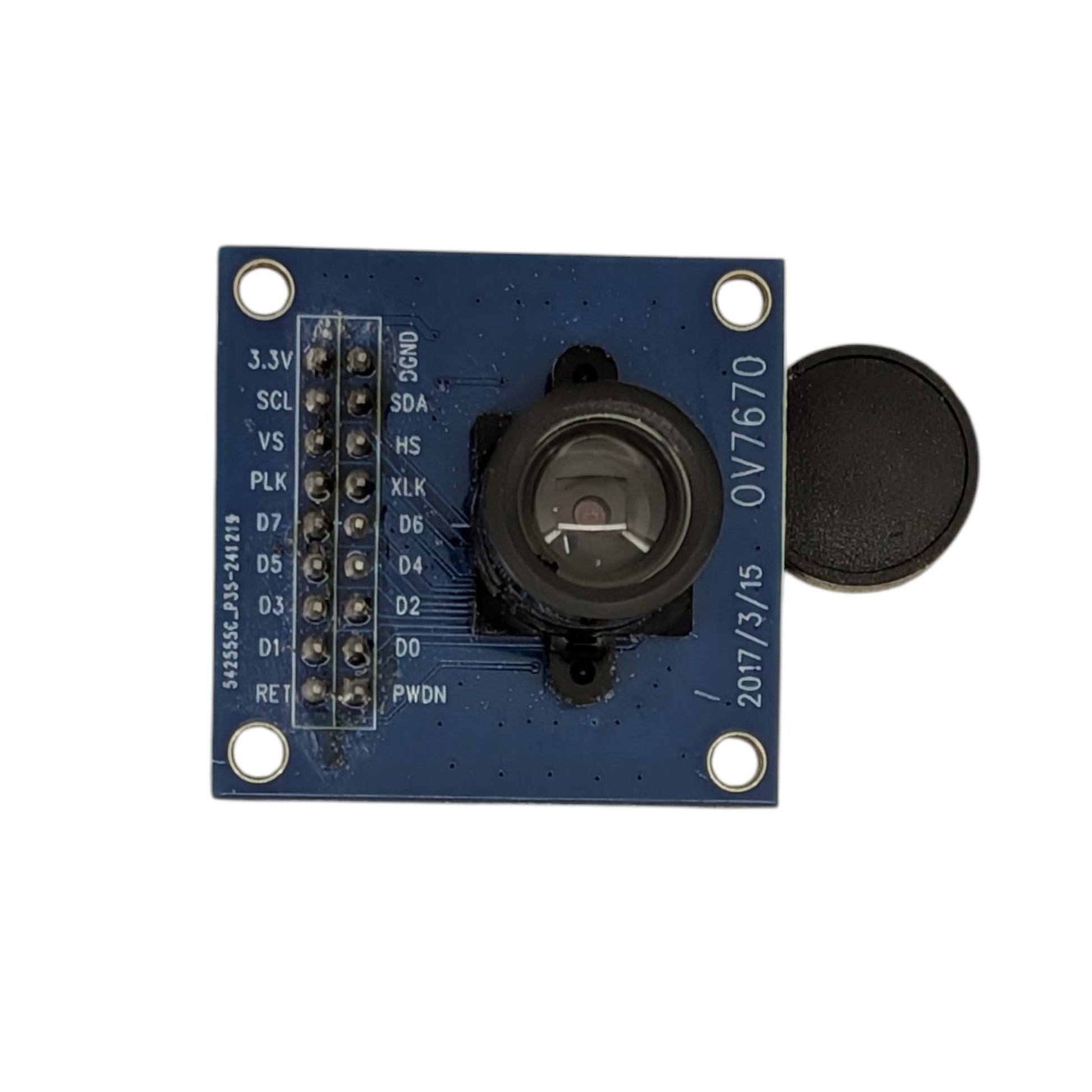 Front view of the OV7670 VGA camera sensor module showing the camera lens and clearly labeled PCB pinouts including 3.3V, GND, SDA, and SCL.