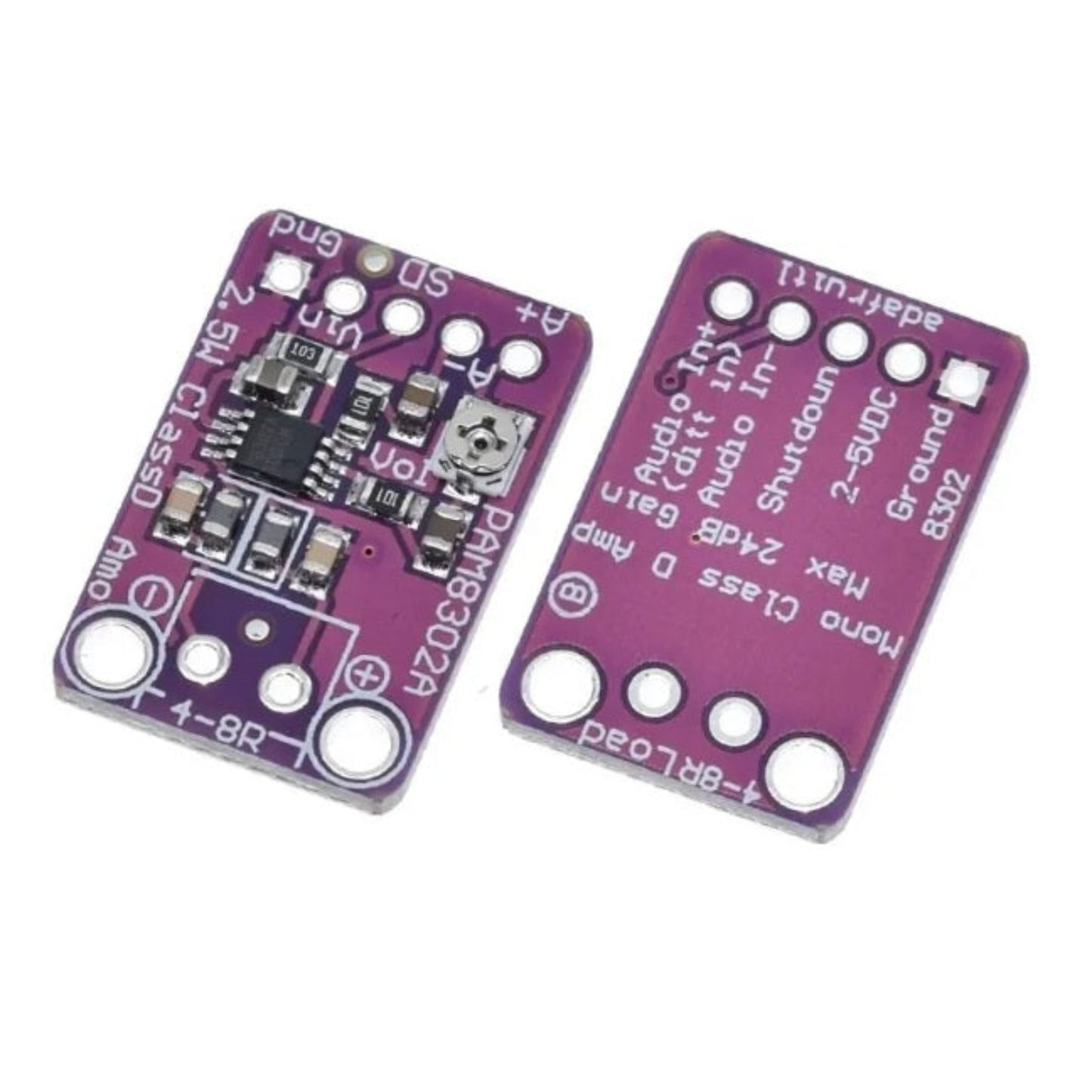 Bottom printed circuit board view of the PAM8302A amplifier module.
